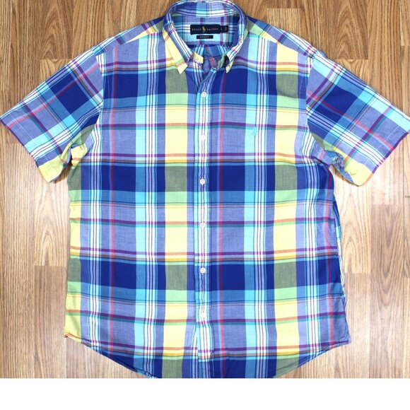 POLO RALPH LAUREN S/S CUSTOM FIT 100% COTTON SHIRT MADRAS PLAID Sz LARGE, L - Picture 1 of 4